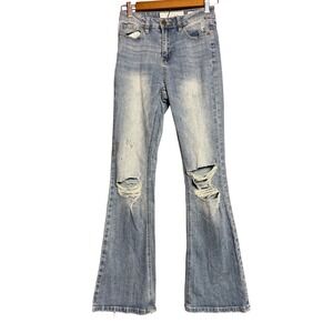 Indigo Rein Women Size 3 Curvy High Rise Flare Jeans Distressed Light Wash Denim